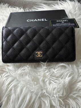 Chanel Quilted Black Caviar Leather Long Wallet with Gold CC